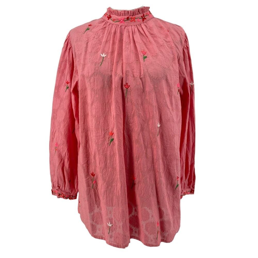 Banjanan Women's Pink Embroidered Floral Long Sleeve Blouse Size Small